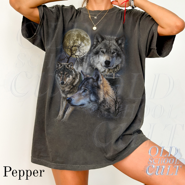 Wolf 90s Vintage Style Tshirt, Retro Comfort Colors® Y2k Wolf Shirt, Nature Moon Alpha Shirt, 2000s Unisex Washed Adult Tee