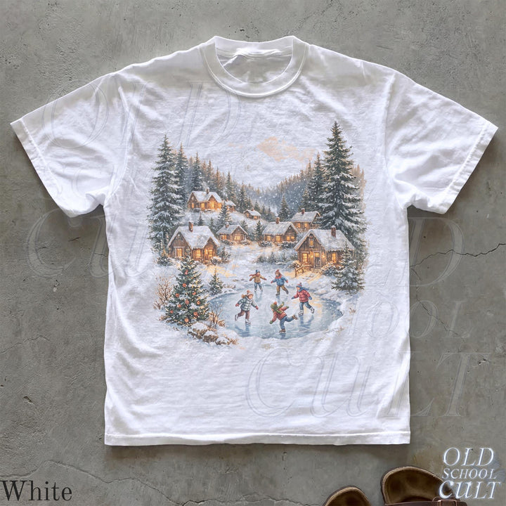 Vintage Christmas Winter Village Ice Skating 90s Graphic T-Shirt