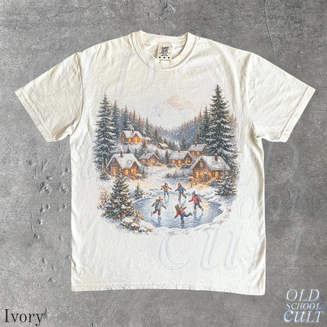 Vintage Christmas Winter Village Ice Skating 90s Graphic T-Shirt