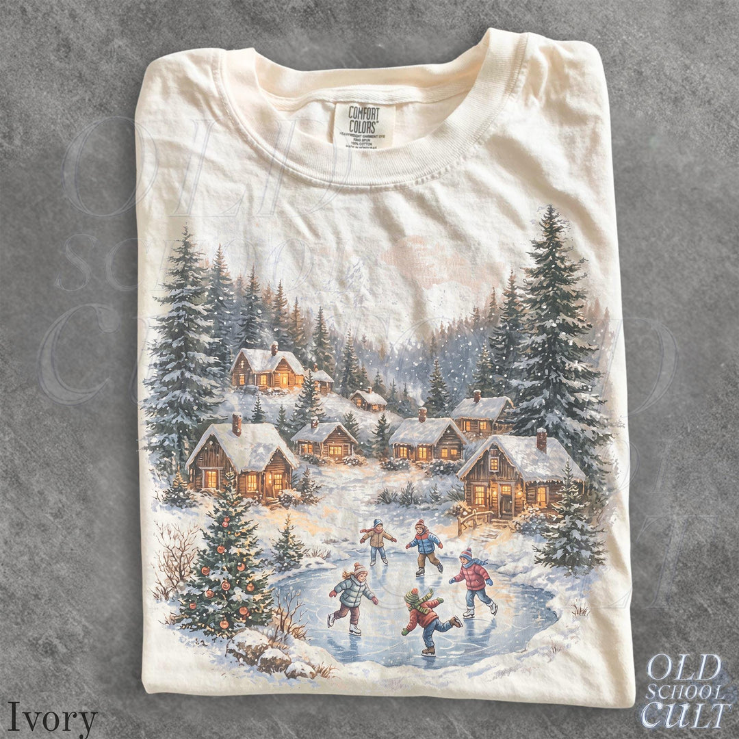Vintage Christmas Winter Village Ice Skating 90s Graphic T-Shirt