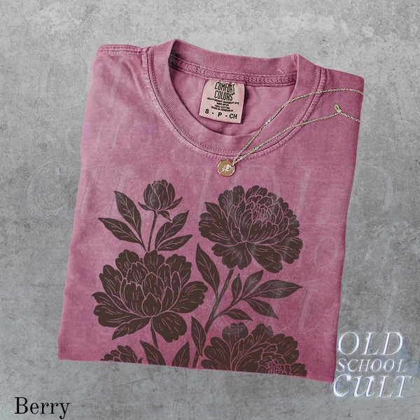 Linocut Flower Comfort Colors® Vintage Style Tshirt, Retro Block Print Peonies Shirt,Ranunculas Woodcut Stamp Tee,Cottagecore Boho Botanical
